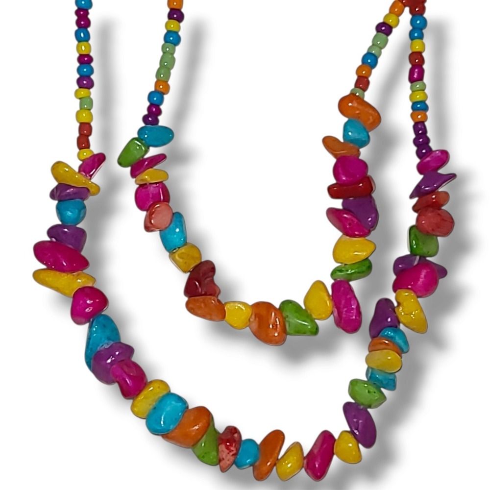 Vintage Colorful Stone Chip Beaded 2-Strand Necklace 18"-20"